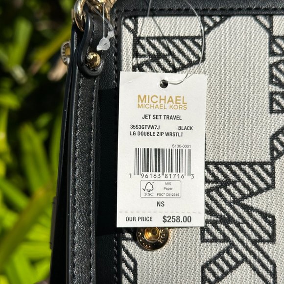Michael Kors Jet Set Travel Large Double Zip Wallet MK Graphic Logo Beige Black - Picture 9 of 10